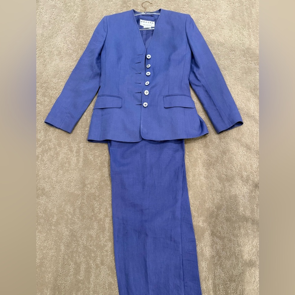 Jaeger Linen 2 piece Suit Pant Set Blue UK Minimalist 90s Tailored